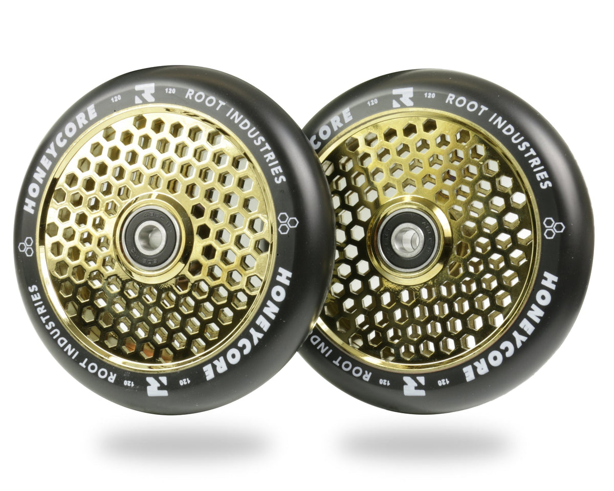 Root Industries Honeycore 120mm Wheels Black/Gold Rush, trick scooter wheels - image 2, OddStash Freestyle Stunt Scooter Shop