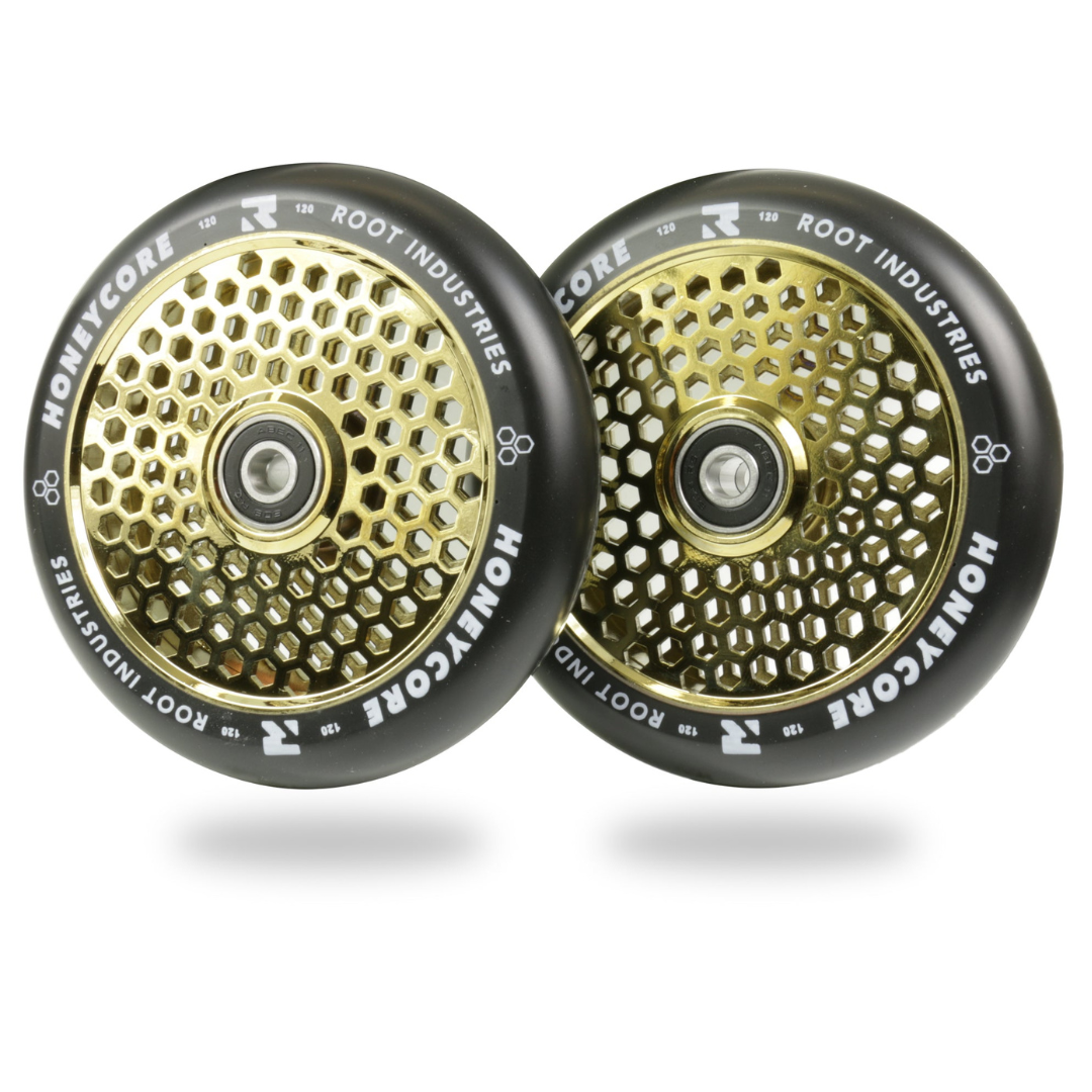 Root Industries Honeycore 120mm Wheels Black/Gold Rush, trick scooter wheels - image 1, OddStash Freestyle Stunt Scooter Shop